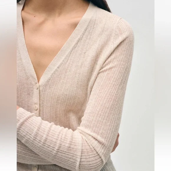 NWT White + Warren Linen Gauze Verigated Ribbed Cardi Top in Oatmeal Heather - Picture 3 of 13